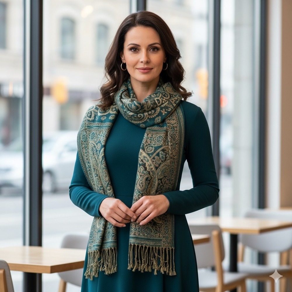 Classic Rectangle Scarf Wrap Women Teal Blue Green Paisley Pattern Fringe Tassel